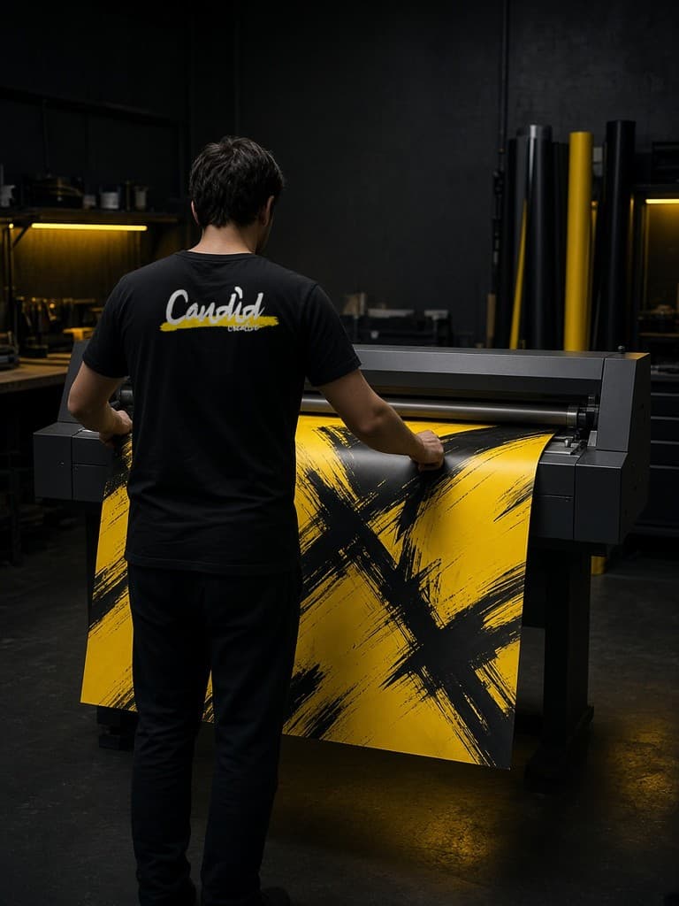 Candid production team member finishing large-format graphics