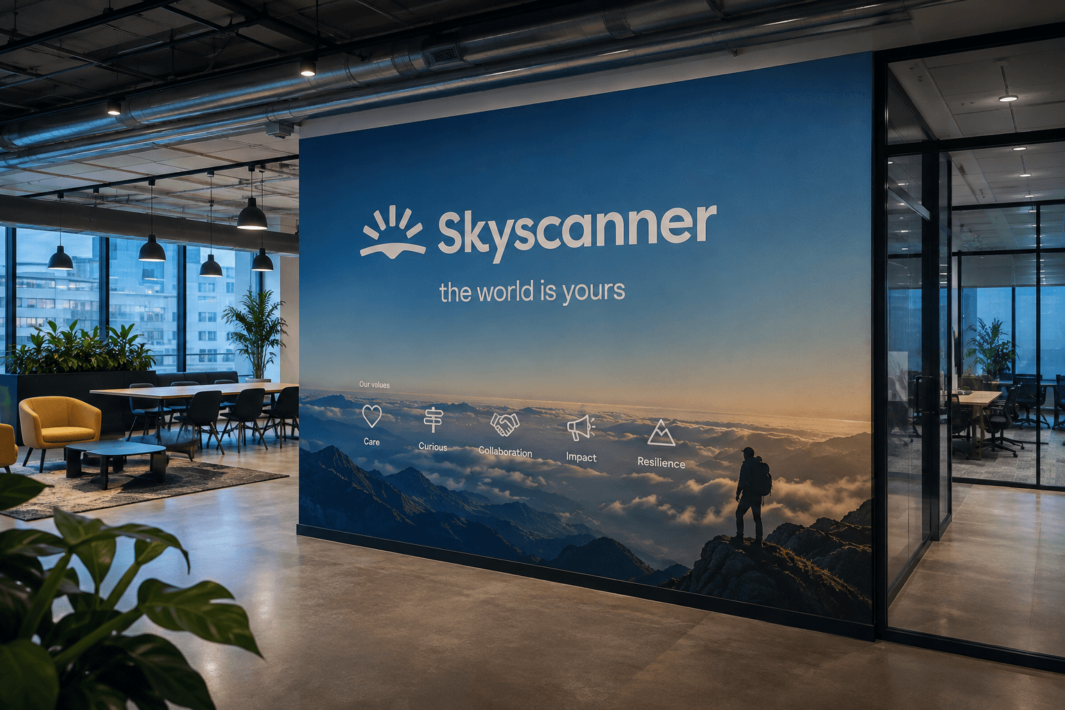 Skyscanner office interior with large-format wall graphic